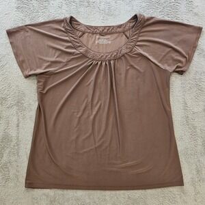 Nottibianche Womens Brown Scoop Neck Pleated Short Sleeve Top Size L